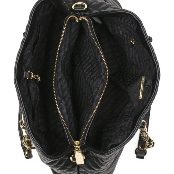 STEVE MADDEN Large Black Quilted Shoulder Bag with Gold Chain Handles - Picture 3 of 4